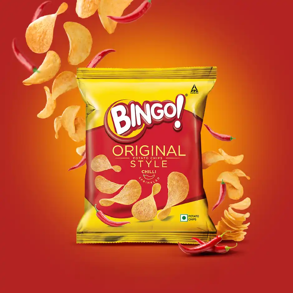 Bingo Original Style Chilli Sprinkled  Flat Cut Spicy Potato Chips Pack for Snacks