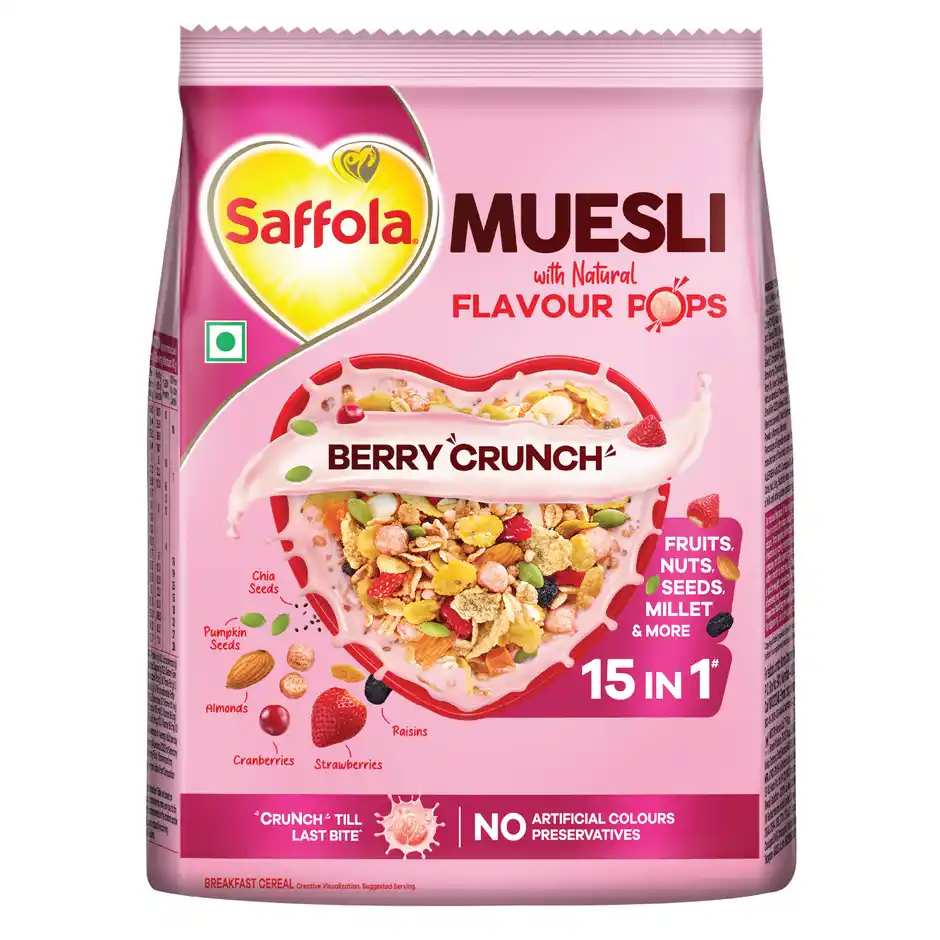 Saffola Muesli Berry Crunch with Flavour Pops  15 in 1 Fruit and Nuts Seeds  Millet & more