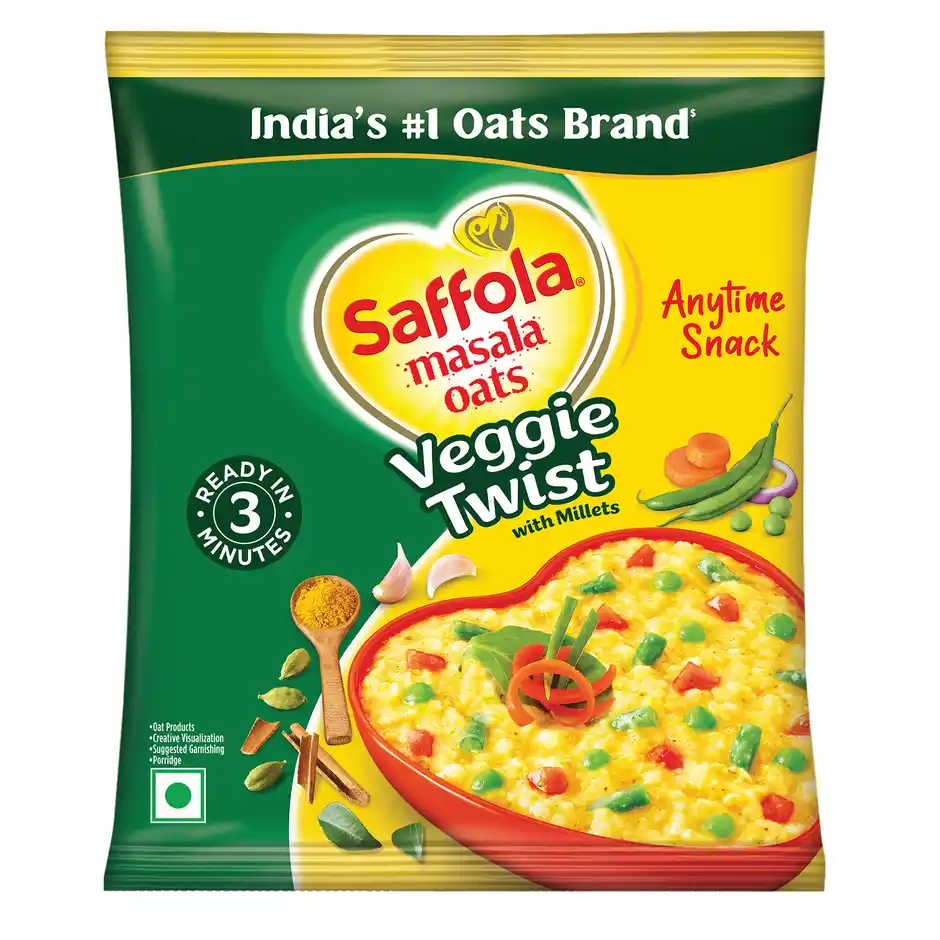 Saffola Masala Oats  Veggie Twist  Anytime Snack  Ready in 3 mins  Millets Goodness